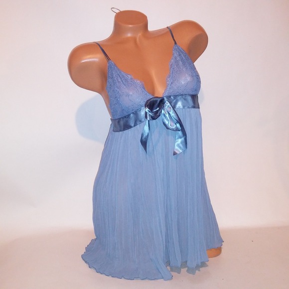 Victoria Secret Lingerie Babydoll Large Blue Solid Pleated Lace Trim Sleeveless - Picture 2 of 7